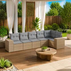 Beige Poly Rattan 6-Piece Garden Sofa Set with Cushions