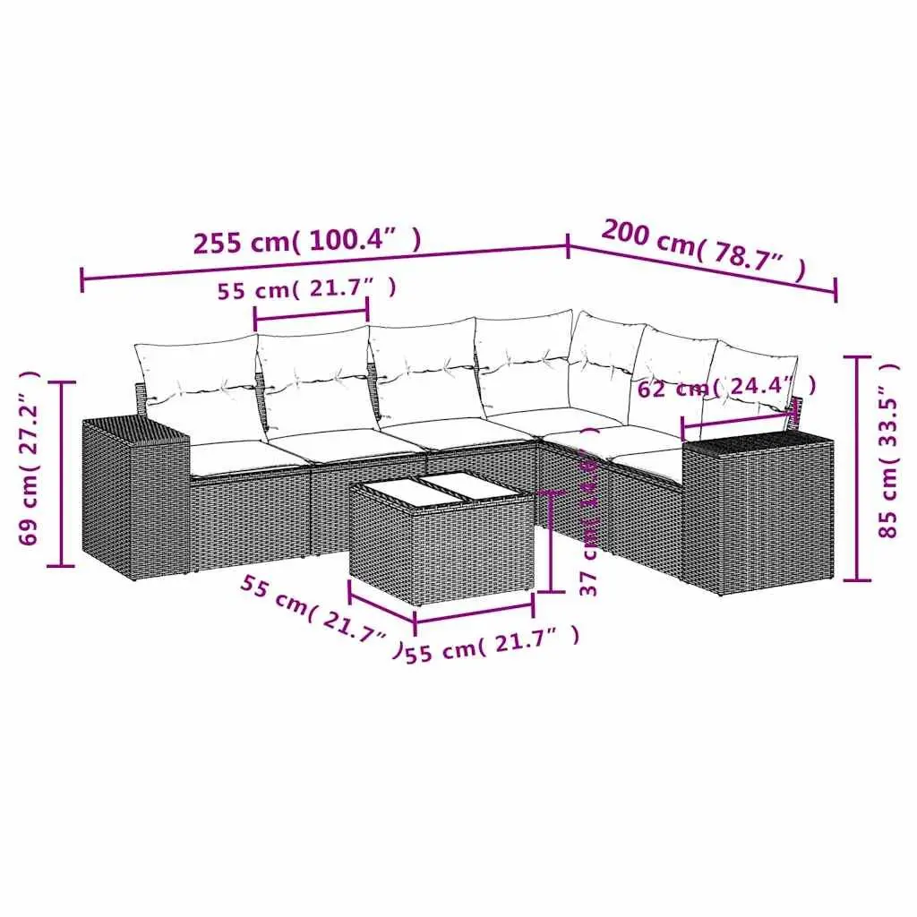 7 Piece Garden Sofa Set PE Rattan Black with Cushions