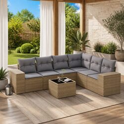 Premium 7 Piece Beige Outdoor Garden Sofa Set with Cushions