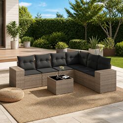 7 Piece Outdoor Grey Poly Rattan Garden Sofa Set