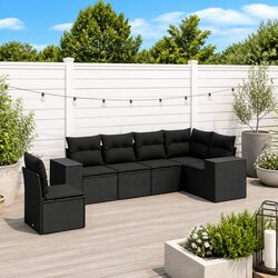 Black Poly Rattan 6-Piece Garden Sofa Set with Cushions