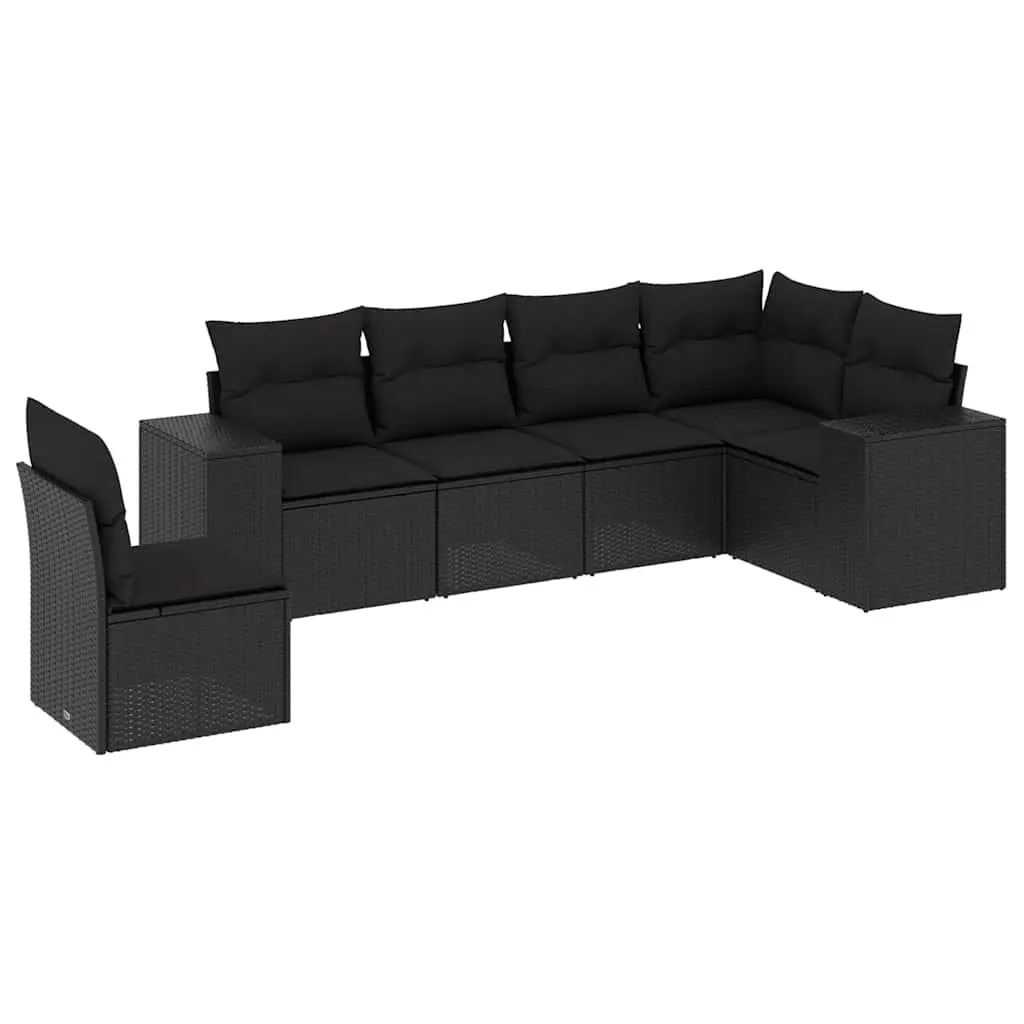 Black Poly Rattan 6-Piece Garden Sofa Set with Cushions