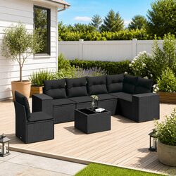 7-Piece Modular Black Outdoor Garden Sofa Set with Cushions
