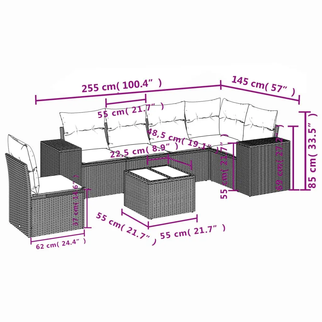 Garden Sofa Set PE Poly Rattan 7 Piece Grey Modular Outdoor Furniture