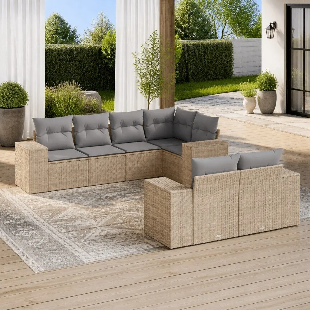 Modular 7 Piece Outdoor Sofa Set with Beige Cushions