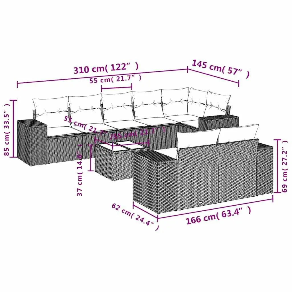 Garden Sofa Set PE Rattan 9 Piece Outdoor Furniture Modular Black with Cushions