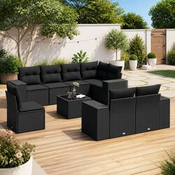 Premium 9 Piece Black Rattan Garden Sofa Set with Cushions