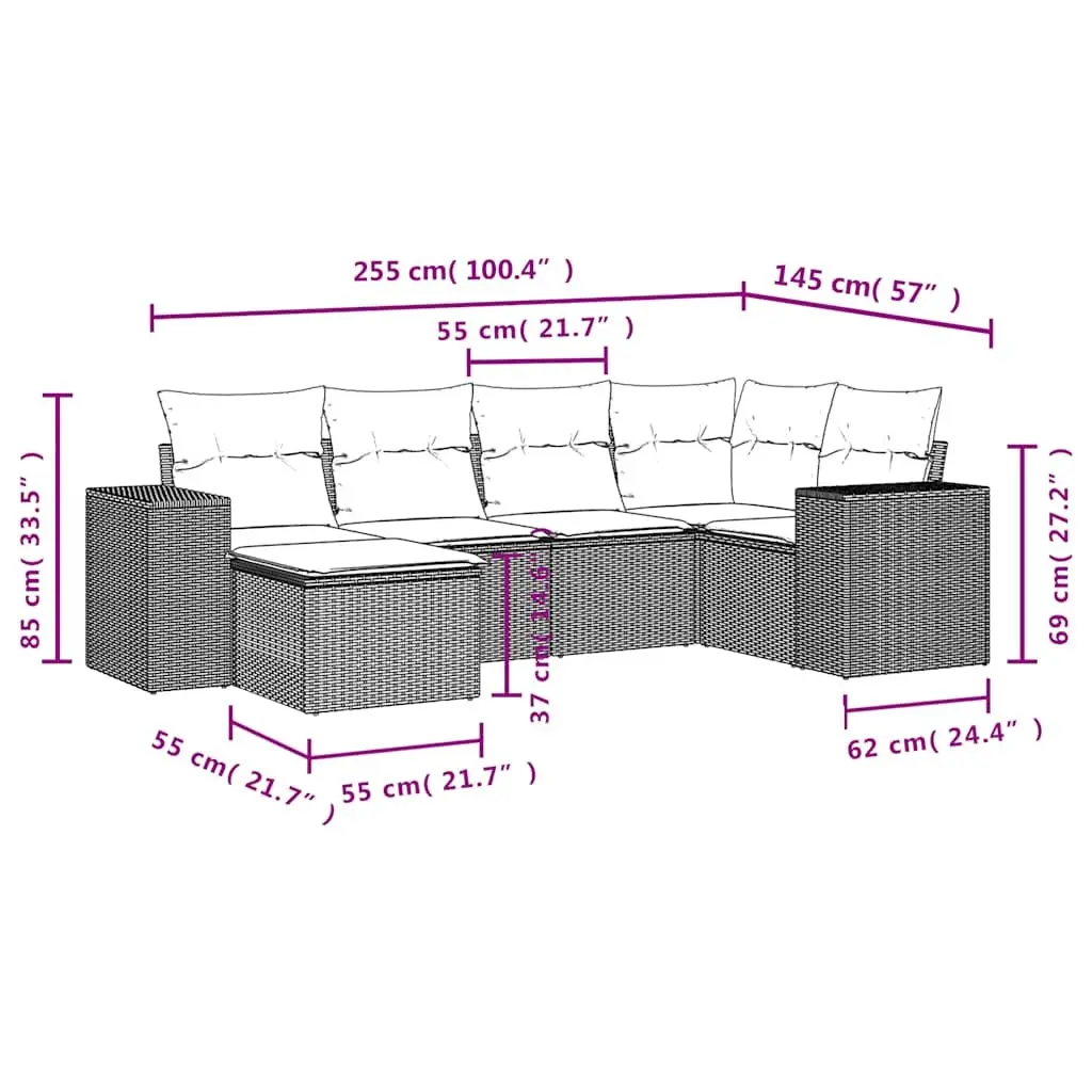 6 Piece Black Garden Sofa Set with Cushions