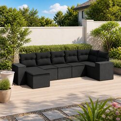 7 Piece Modular Garden Sofa Set in Black Poly Rattan