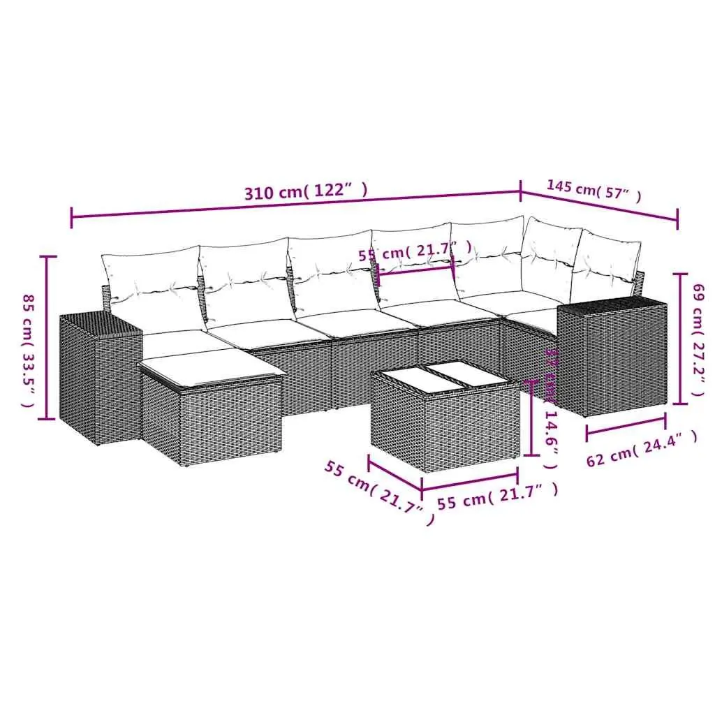 8-Piece Black Poly Rattan Outdoor Sofa Set