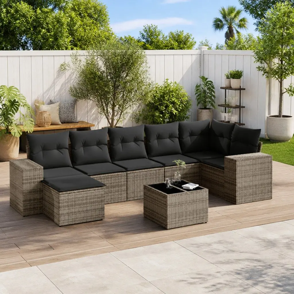 Outdoor Garden Sofa Set PE Rattan 8 Piece Grey with Cushions and Table