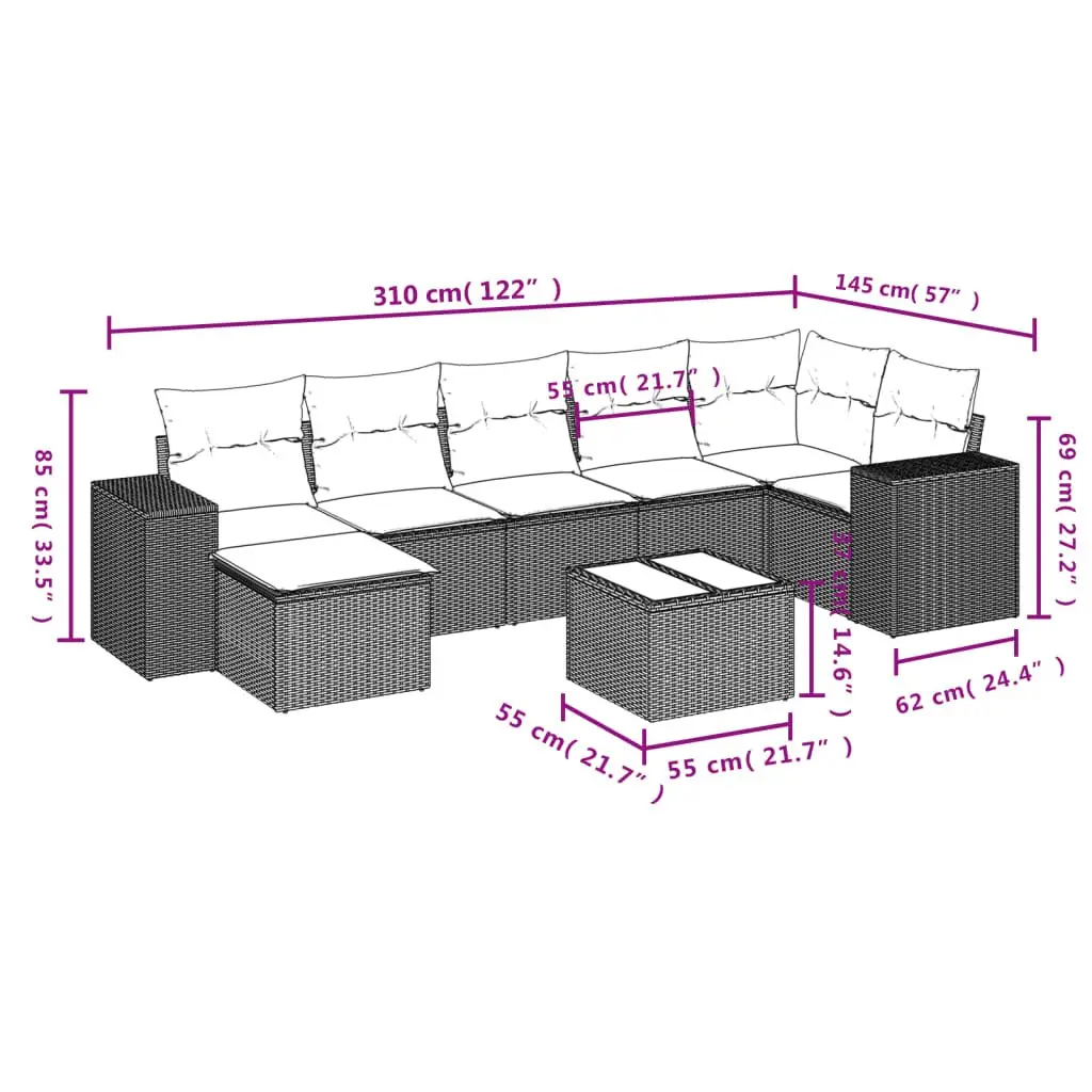 Outdoor Garden Sofa Set PE Rattan 8 Piece Grey with Cushions and Table