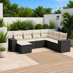 High-Quality 7 Piece Black Garden Sofa Set with Cushions