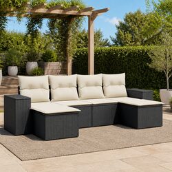 6-Piece Black Poly Rattan Garden Sofa Set with Cushions