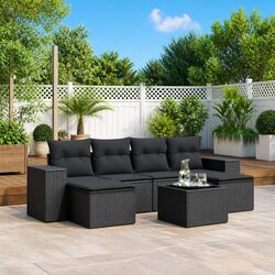 7 Piece Black Rattan Sofa Set with Cushions for Outdoor Use