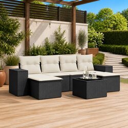 7-Piece Black Poly Rattan Outdoor Garden Sofa Set