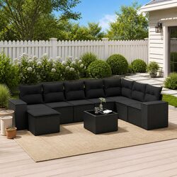 9-Piece Modular Garden Sofa Set in Black Poly Rattan