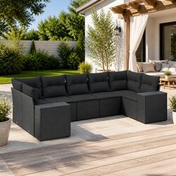 7 Piece Black Outdoor Garden Sofa Set with Cushions