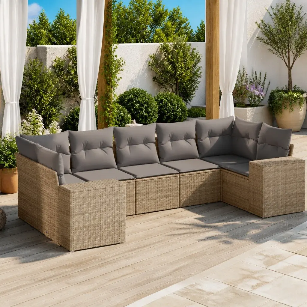 Beige Modular 7 Piece Outdoor Garden Sofa Set with Cushions