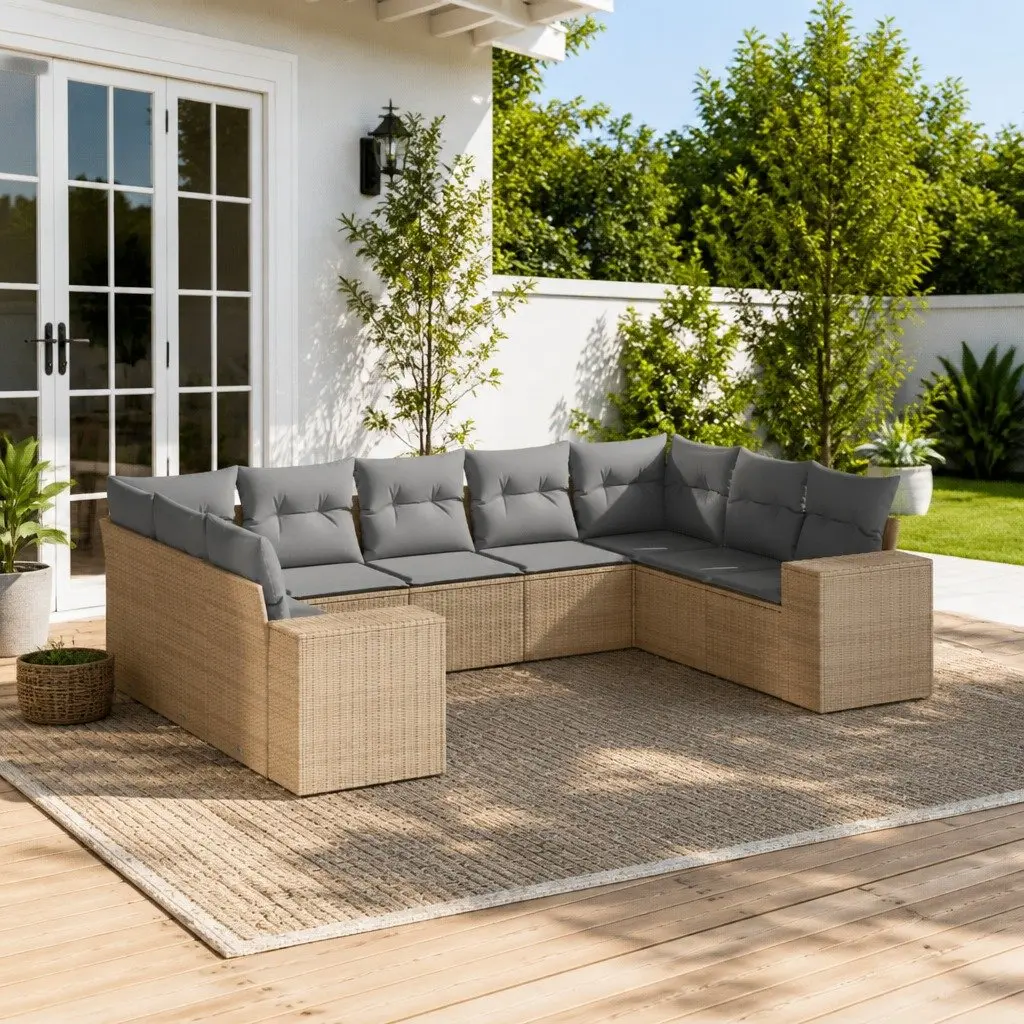 Modular 9 Piece Beige Garden Sofa Set for Outdoor