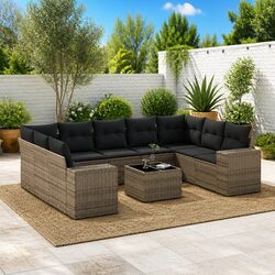 10 Piece Grey Poly Rattan Garden Sofa Set with Cushions