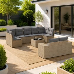 Beige Rattan Outdoor Garden Sofa Set with Cushions