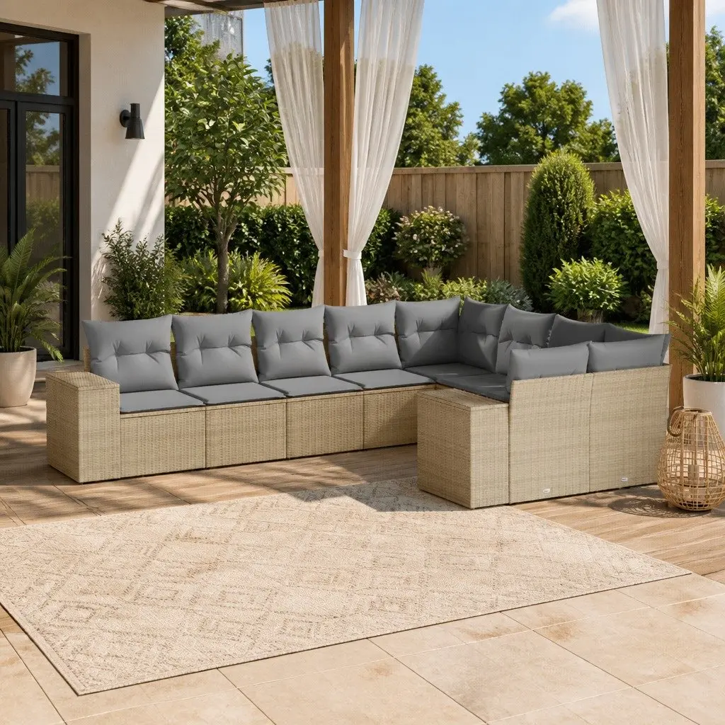 9 Piece Outdoor Sofa Set PE Rattan Beige with Cushions