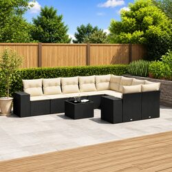 Durable 10-Piece Black Poly Rattan Garden Sofa Set