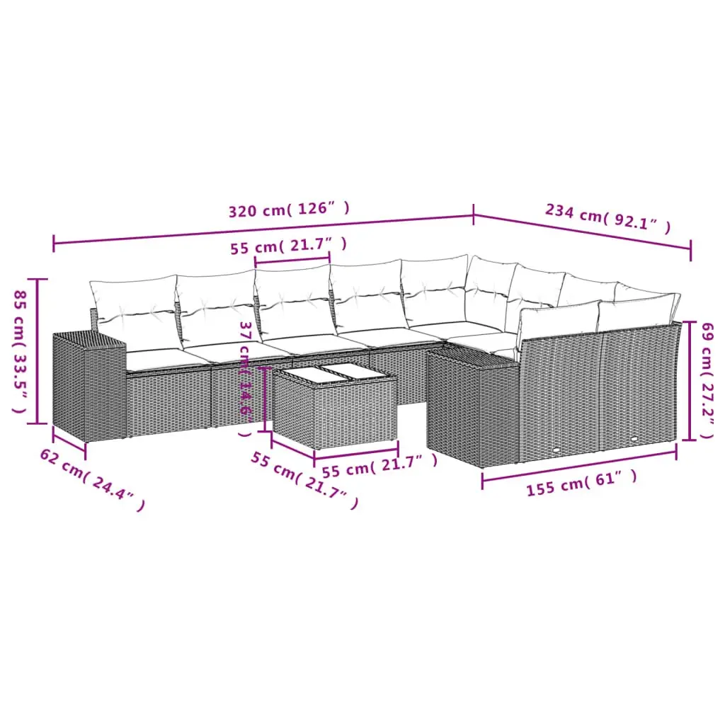 Garden Sofa Set PE Rattan 10 Piece Grey Outdoor Furniture