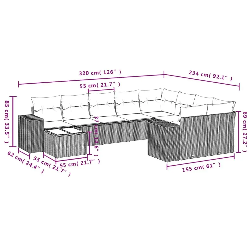10 Piece Black Modular Garden Sofa Set