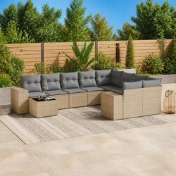 10-Piece Beige Poly Rattan Outdoor Sofa Set with Cushions