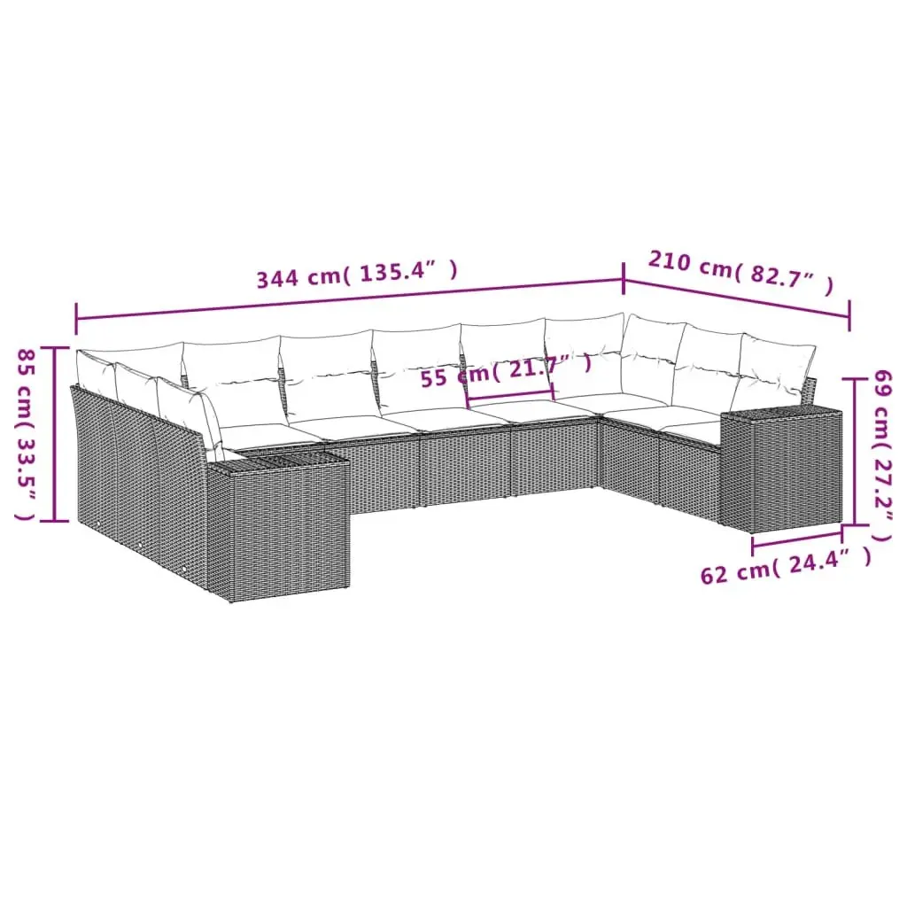 Black Modular 10 Piece Outdoor Sofa Set with Cushions