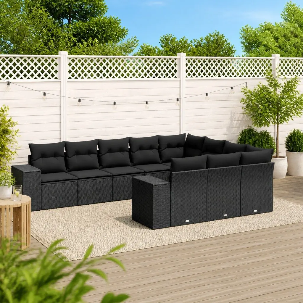 10 Piece Outdoor Sofa Set PE Rattan Black Modular Patio Furniture with Cushions