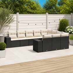 Durable 10 Piece Black Garden Sofa Set with Cushions