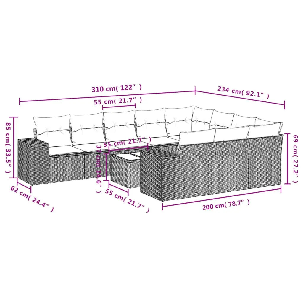 11-Piece Black Poly Rattan Outdoor Sofa Set