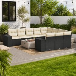 11-Piece Outdoor Garden Sofa Set with Cushions in Black