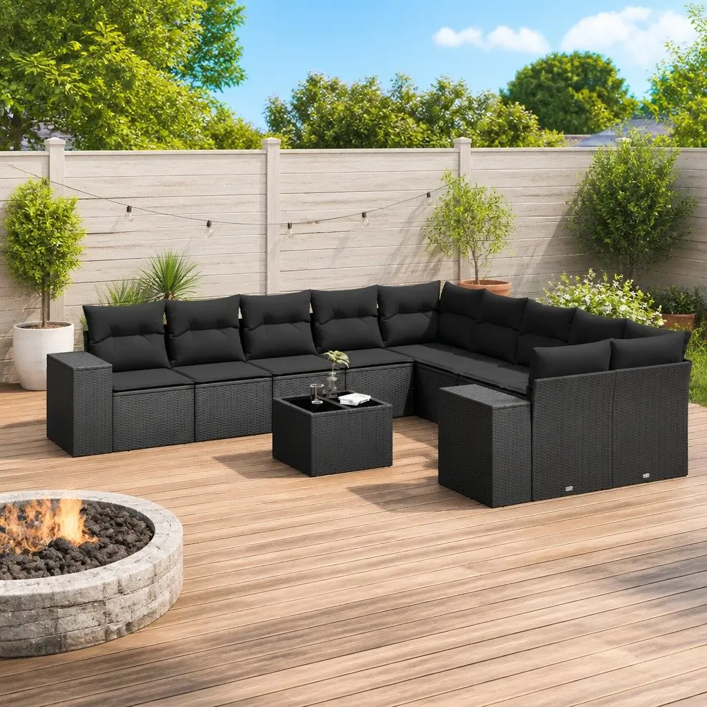 11 Piece Black Poly Rattan Garden Sofa Set