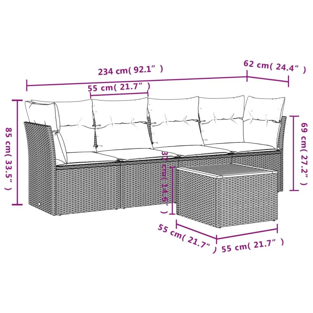 Garden Sofa Set PE Rattan 5 Piece Grey Cushions Acacia Wood Table
