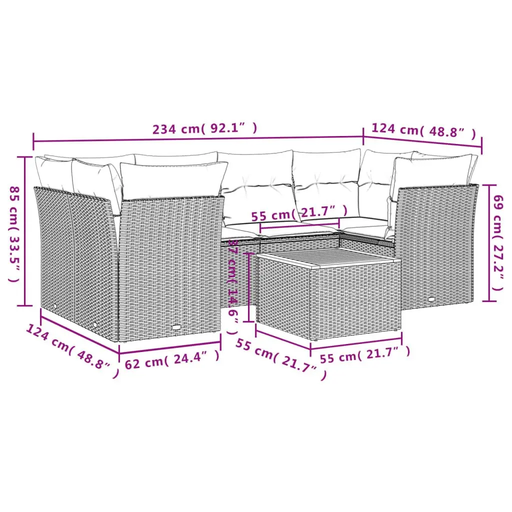 7 Piece Garden Sofa Set PE Rattan Grey Outdoor Furniture Patio Sectional with Cushions