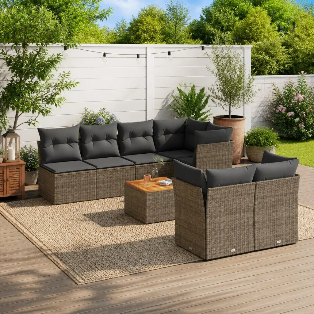 Garden Sofa Set PE Rattan 8 Piece Modular Outdoor Furniture Grey with Acacia Wood Table Top and Padded Cushions