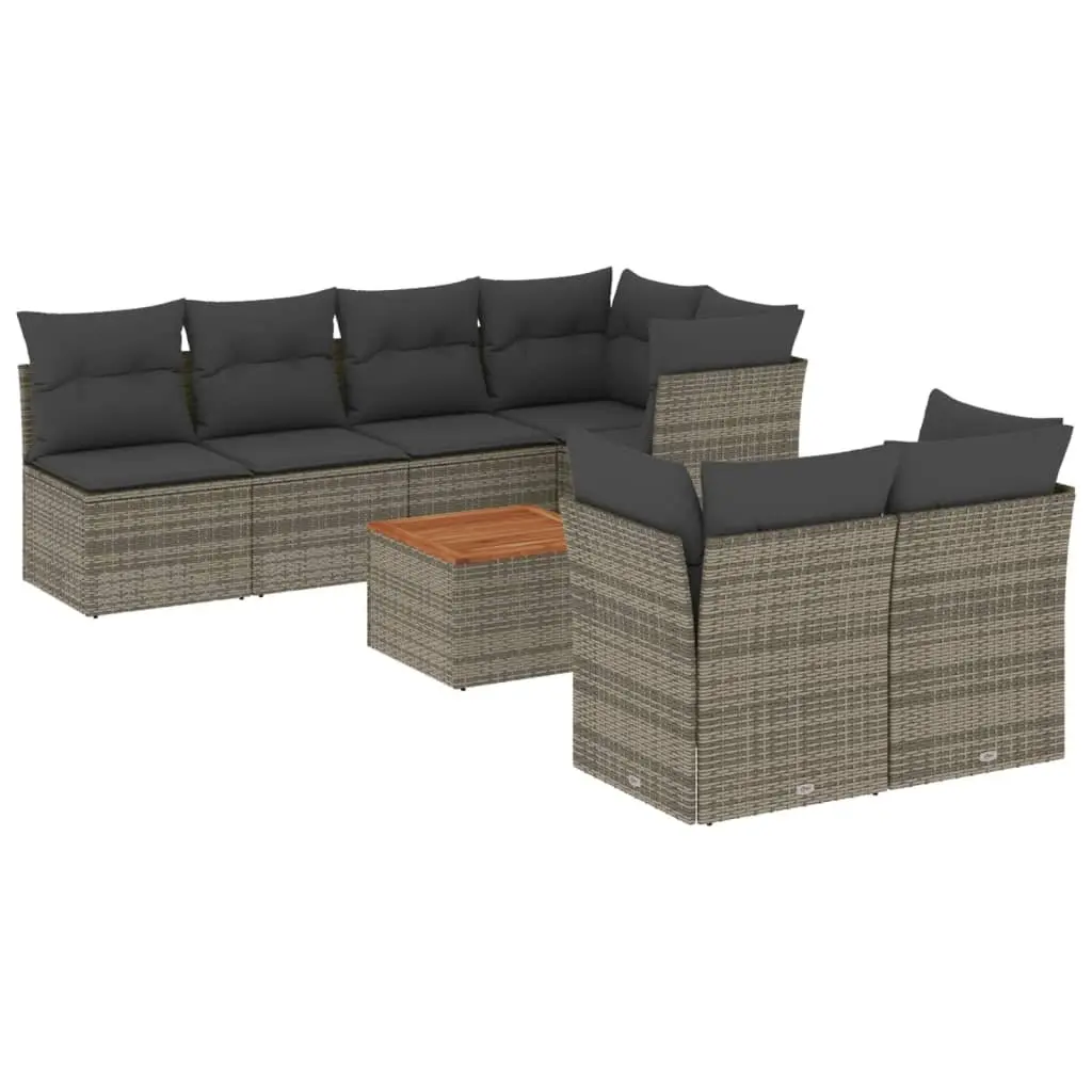 Garden Sofa Set PE Rattan 8 Piece Modular Outdoor Furniture Grey with Acacia Wood Table Top and Padded Cushions