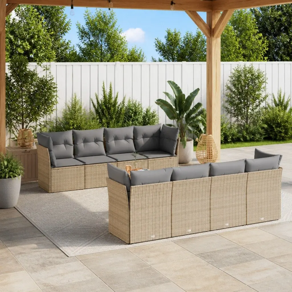 Garden Sofa Set PE Rattan 9 Piece Outdoor Furniture Patio Beige with Cushions