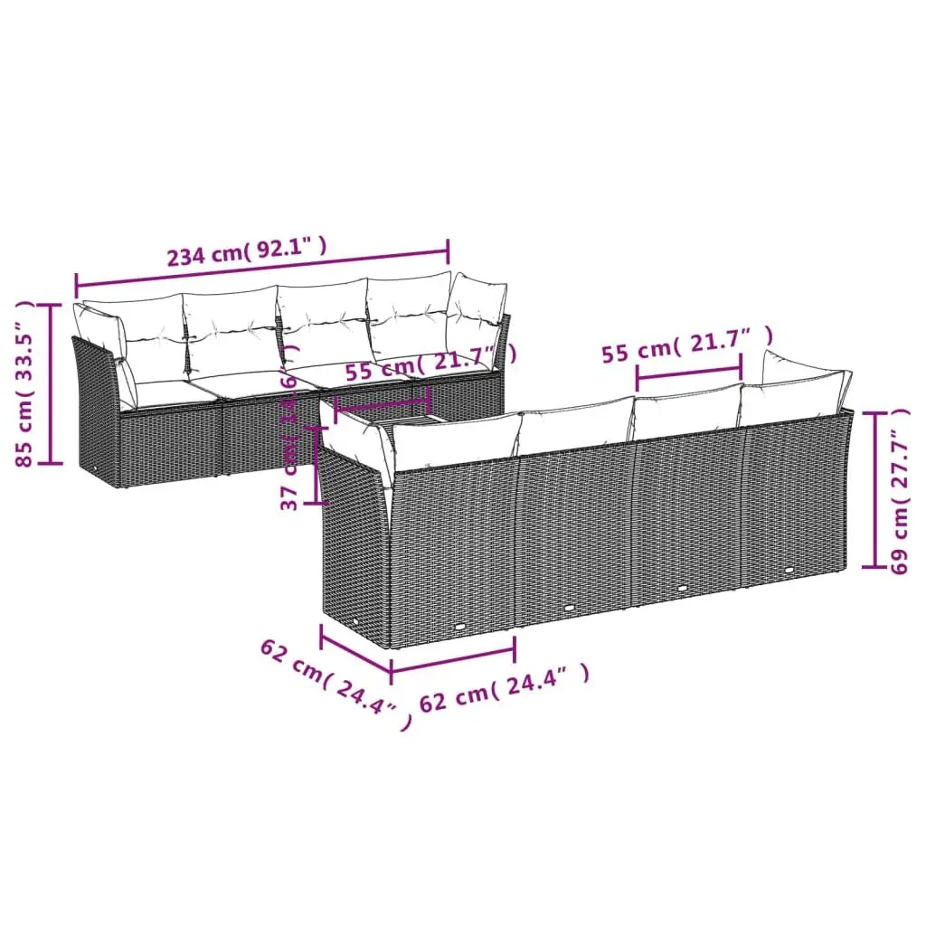 Garden Sofa Set PE Rattan 9 Piece Outdoor Furniture Patio Sectional with Cushions Grey