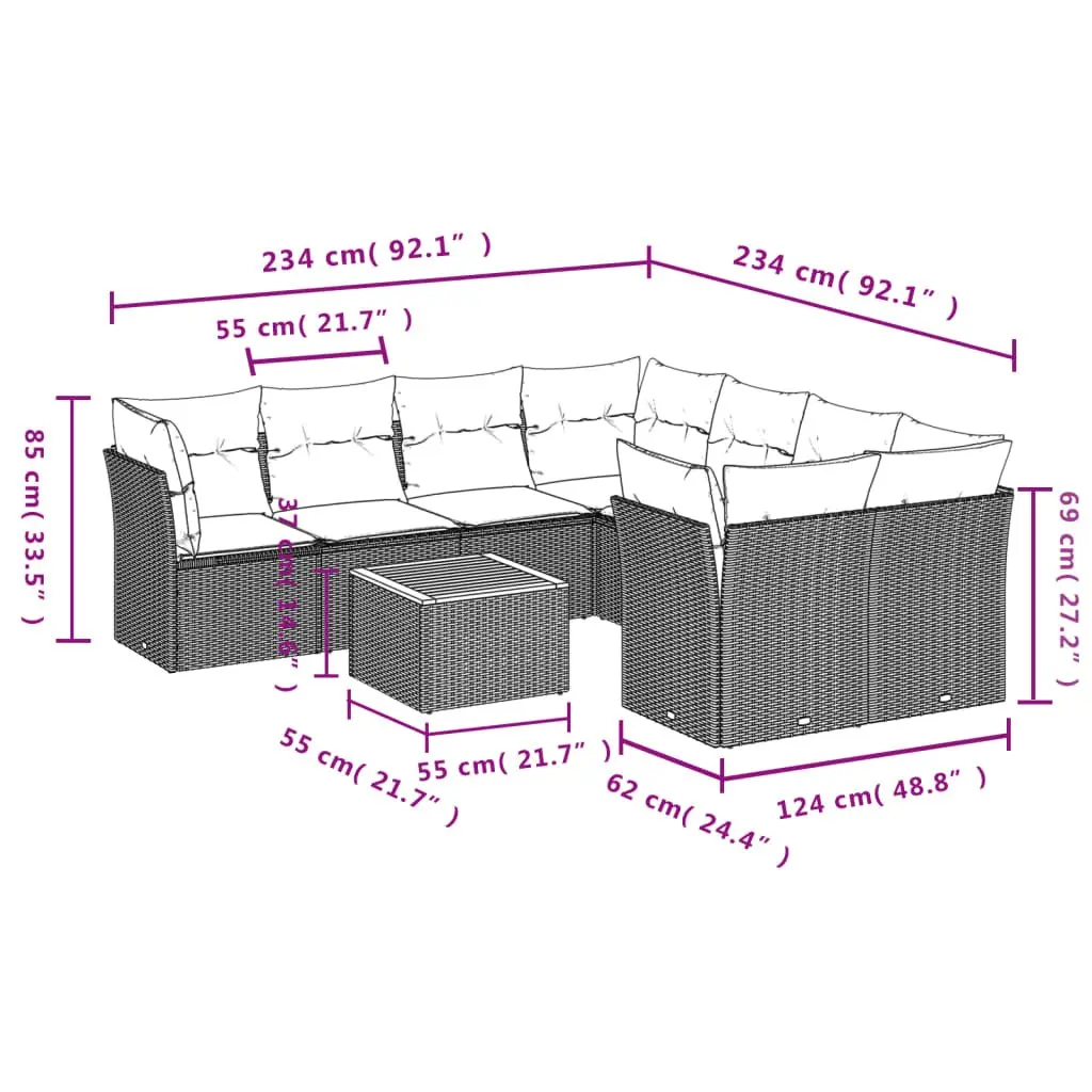 Garden Sofa Set PE Rattan 9 Piece Outdoor Furniture Patio Grey with Cushions
