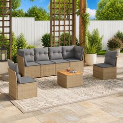 7-Piece Beige Rattan Outdoor Garden Sofa Set with Cushions