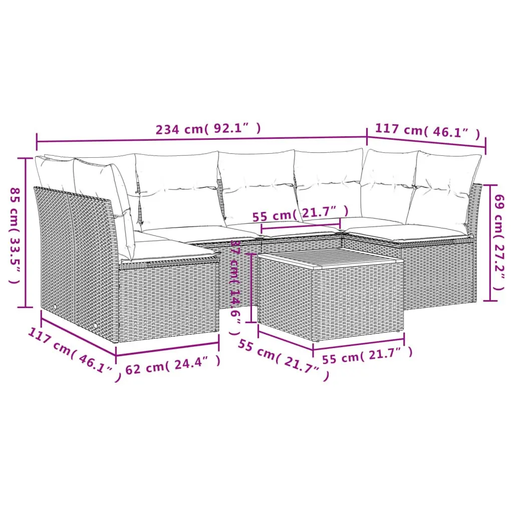 Garden Sofa Set 7 Piece Outdoor Patio Furniture with Cushions Grey Poly Rattan