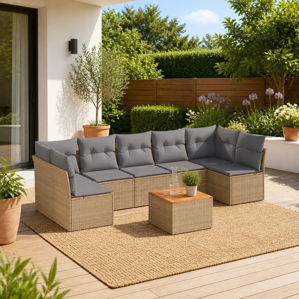 8 Piece Garden Sofa Set PE Rattan Acacia Wood Beige Outdoor Furniture