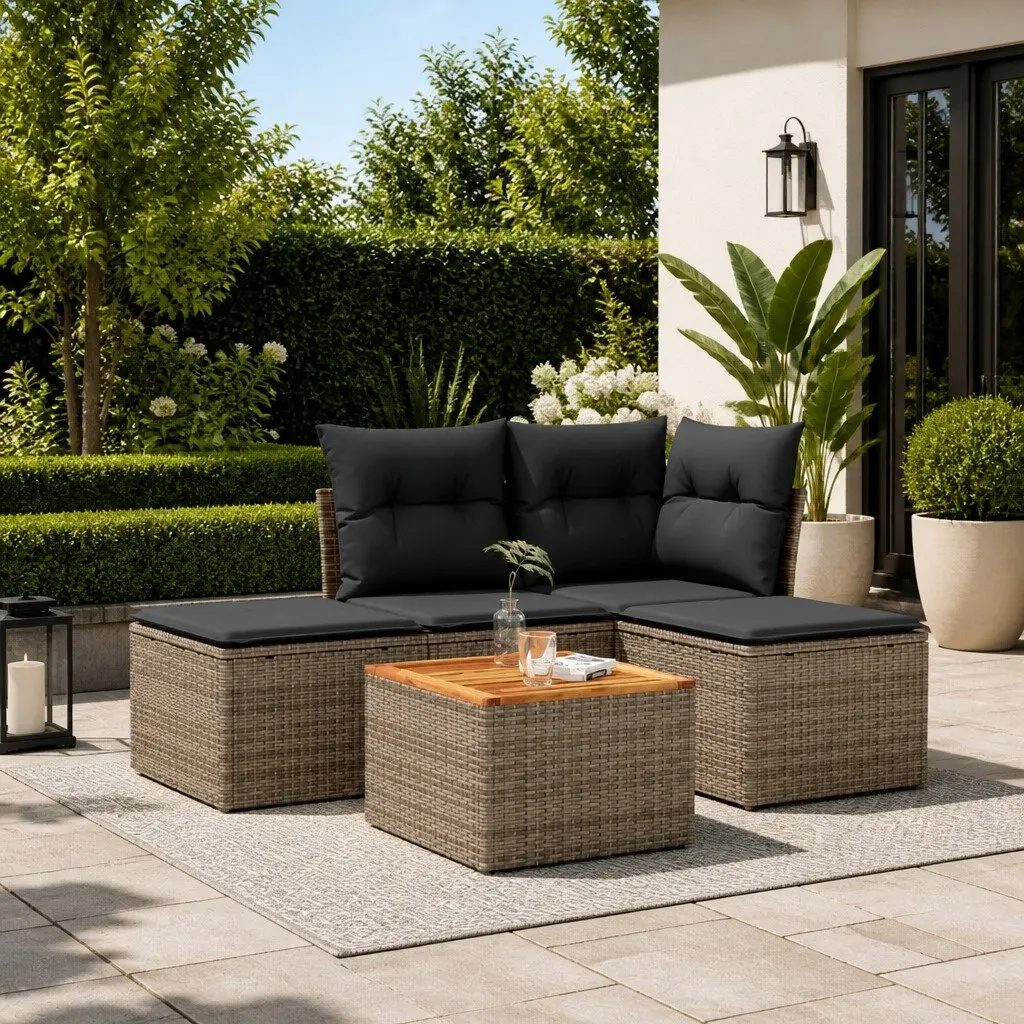 Garden Sofa Set PE Rattan 5 Piece Outdoor Furniture Patio Sectional with Cushions Grey