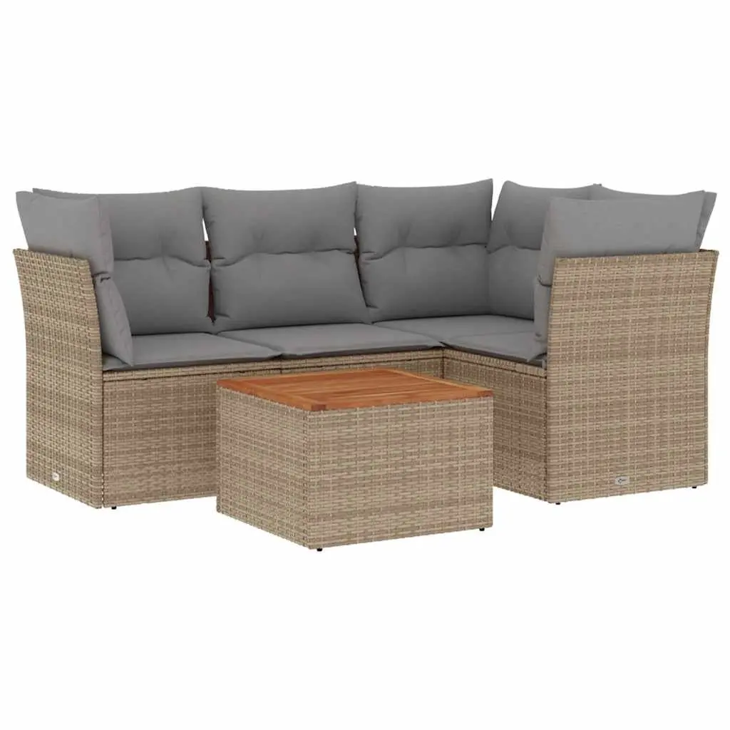 5 Piece Outdoor Garden Sofa Set PE Rattan Beige Modular with Cushions Acacia Wood Table