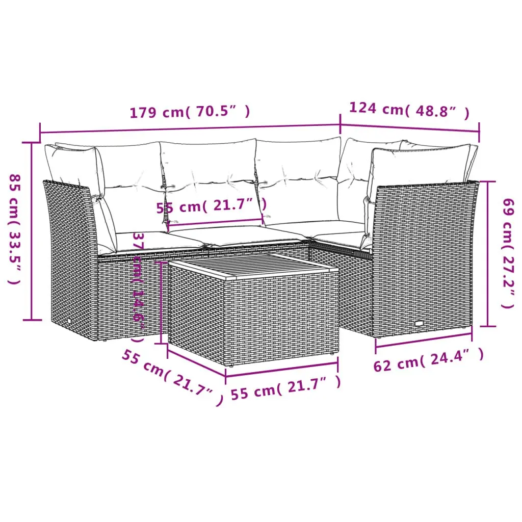 5 Piece Outdoor Garden Sofa Set PE Rattan Beige Modular with Cushions Acacia Wood Table